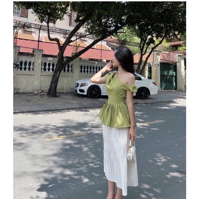 SET ÁO LỆCH VAI PEPLUM XANH + CHÂN VÂY MIDI TRẮNG MS259