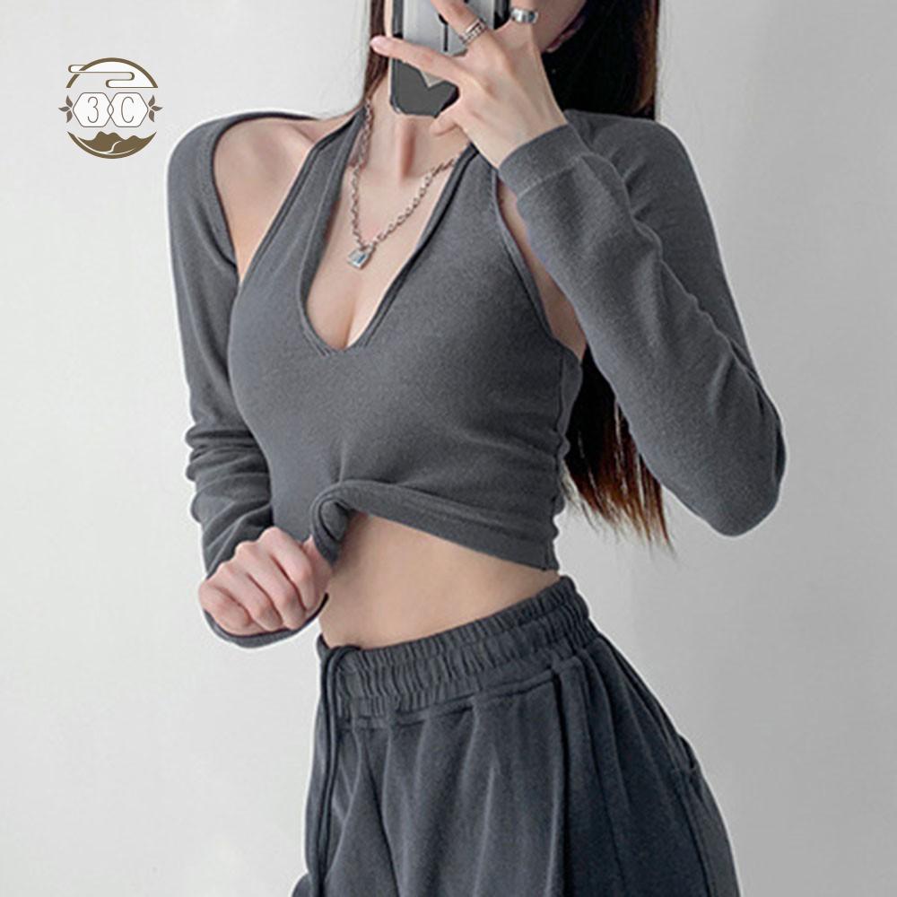[MMAL]Women Vest V Crop Vest Women Knit Womens Ladies Long Neck Sleeve Slim StretchBig Sale