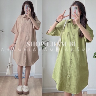 Váy Sơ mi Mầu xanh cốm kiểu cộc tay trơn cổ đức xẻ tà nhẹ túi 1 bên ngực fom rộng kiểu Hàn Quốc