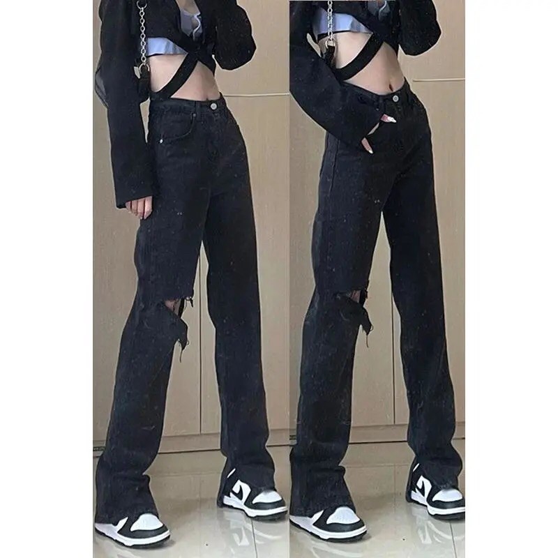[BẢNG SIZE Ở CUỐI]Quần jeans ống rộng cạp cao rách gối đen ulzzang nữ