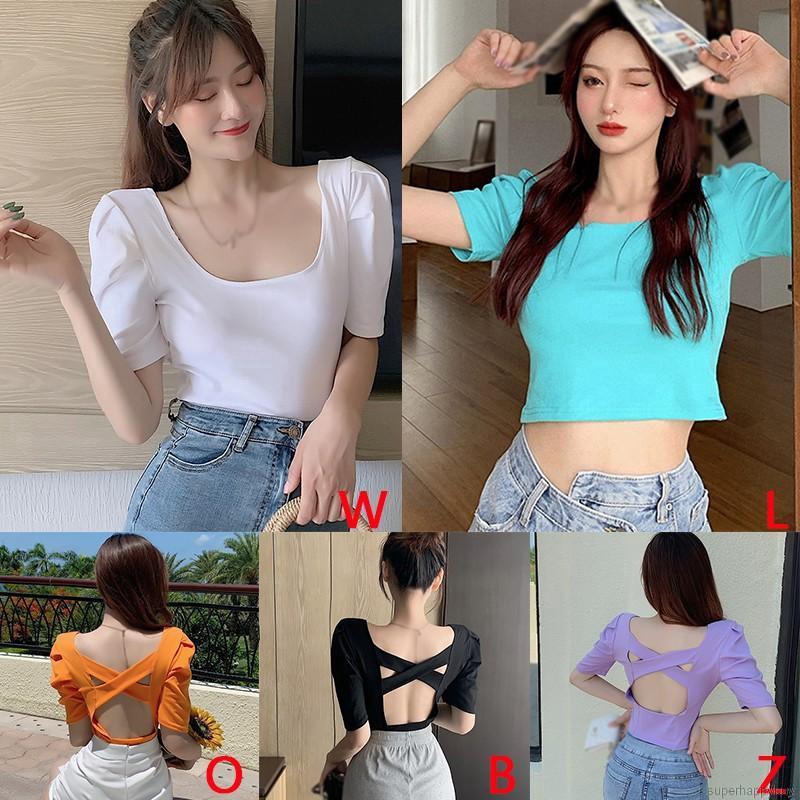 Áo Croptop Tay Ngắn Thiết Kế Hở Lưng Quyến Rũ Cho Nữ