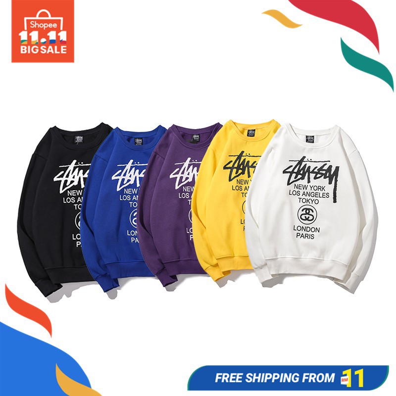 Stussy Áo Sweater Tay Dài Cổ Tròn Dáng Rộng Lót Nhung Thời Trang Cho Cặp Đôi