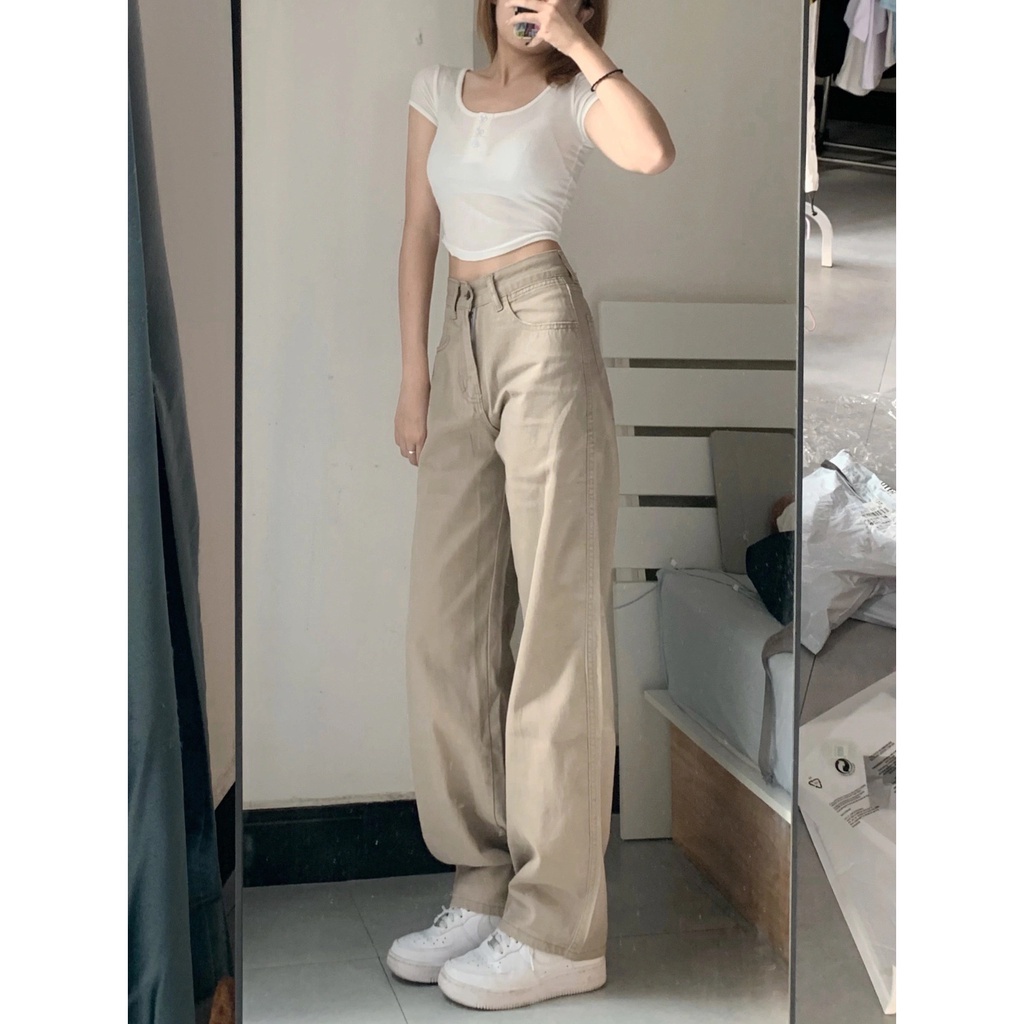 Quần ống rộng dáng suông nữ cạp cao, quần jean kaki ống đứng trơn màu nâu tây đủ size SM15