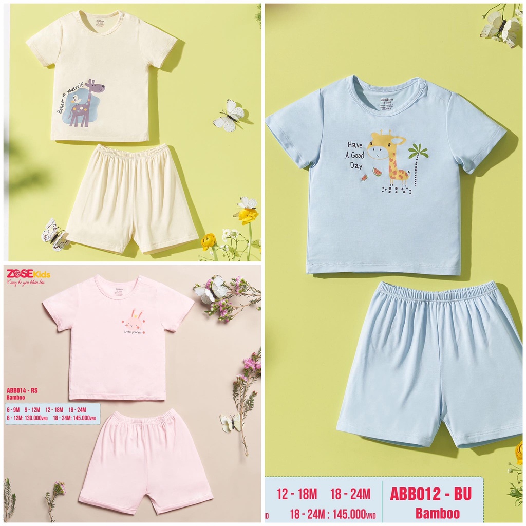 [Chính Hãng] Bộ cộc tay cài vai quần đùi sợi tre in hình trẻ em Zose Kids