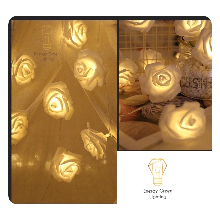 Đèn Dây Led Energy Green Lighting Trang Trí Hoa Hồng Trắng 4m 20 bông - Dùng Pin AA Và Cắm Điện Dây USB