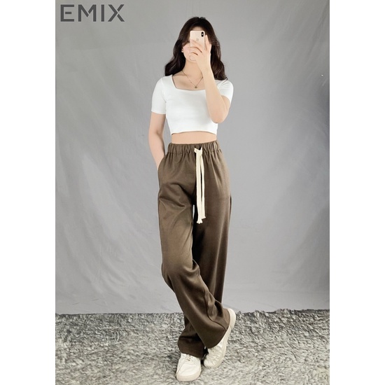 Quần thể thao jogger nữ EMIX (2 màu), unisex, dáng đài, cạp cao, lưng chun, rút dây, viền sọc, bo gấu, nhung tăm 2451