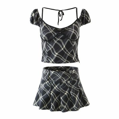 European and American wholesale 2021 summer new two-color plaid lace-up top pleated skirt suit E4-0579
