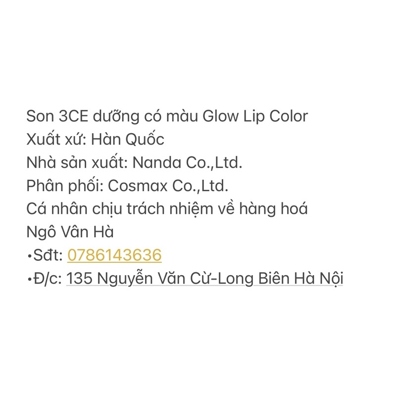 Son 3CE dưỡng có màu Glow Lip Color