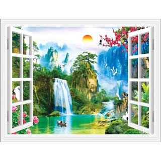Tranh dán tường 3D cửa sổ thác nước sơn thủy - VẢI LỤA  phủ kim sa (kích thước theo yêu cầu)