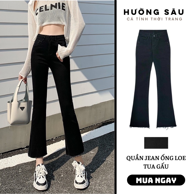 Quần jean ống loe lưng cao, quần bò nữ đen ống vẩy cạp cao