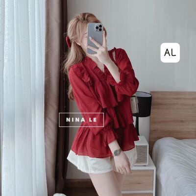 Sét bộ áo đũi tầng đỏ - xanh quần sooc phồng