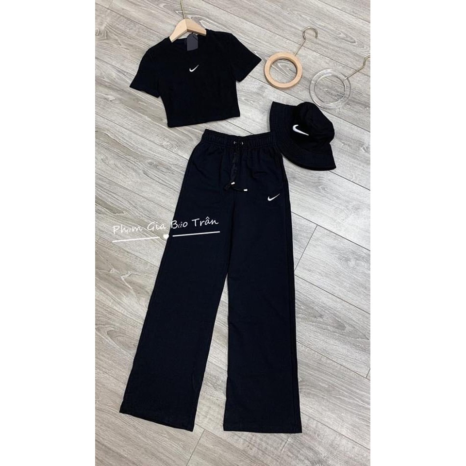 [Mã WASTCOOL giảm 15% tối đa 50K đơn 99K] bộ quần ống rộng áo croptop thêu phẩy hai màu đen trắng cơ bản | BigBuy360 - bigbuy360.vn