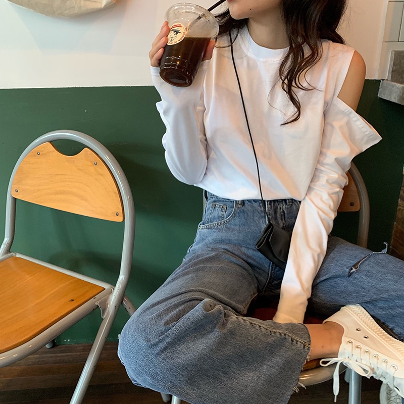 SUXI Áo thun tay dài rớt vai màu trơn thời trang mùa thu trẻ trung cá tính cho nữ