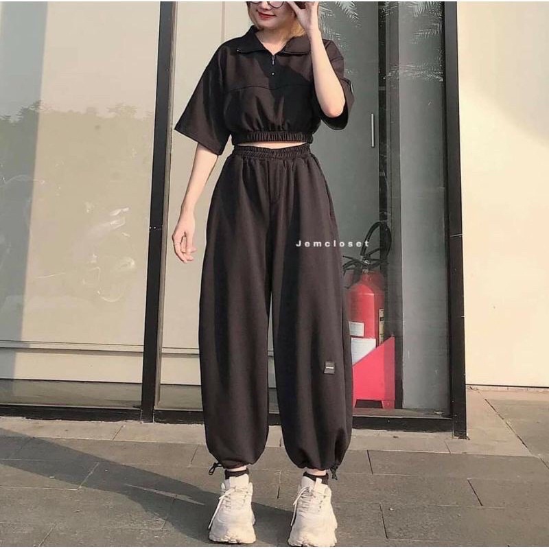 Set bộ croptop quần bo chun mix áo croptop cọc tay có cổ