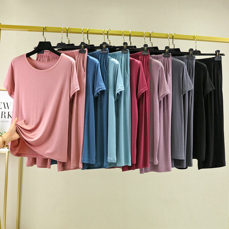 Set Đồ Ngủ 2 Món Gồm Áo Thun cotton Trơn Cổ Tròn Tay Ngắn + Quần Ngắn Có Túi Cho Nữ