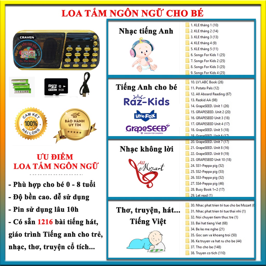 LOA NGHE CRAVEN – Loa tắm ngôn ngữ cho bé – [Free❤]Tặng kèm 1216 file nghe Anh- Việt-Học tiếng Anh cho bé