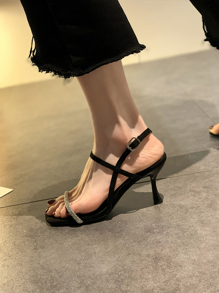 Women's High Heel Sandals2021Summer New Fashion All-Matching Stiletto Rhinestone Black Shoes