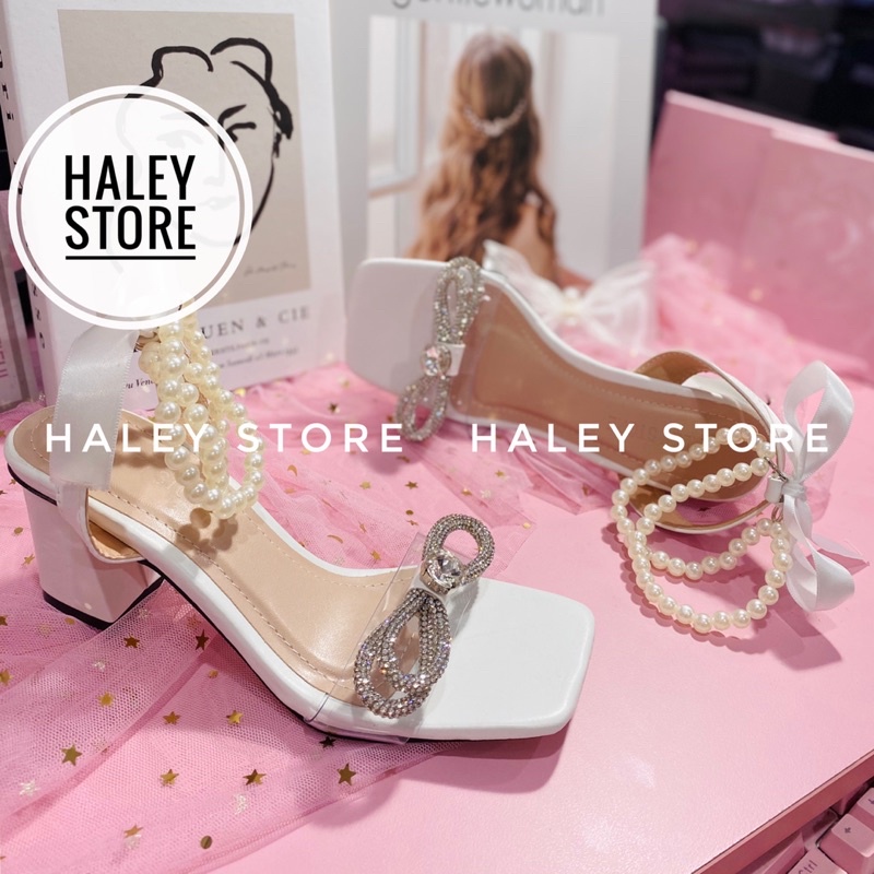 Giày sandal cao gót vuông 7cm HALEY STORE quai ngang trong suốt đính nơ xoàn đá quấn ngọc lụa cổ chân tiểu thư công chúa