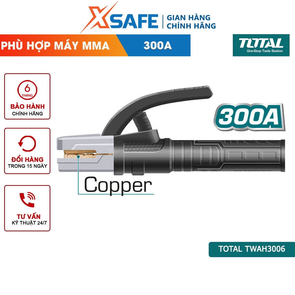 Kềm hàn 300A TOTAL TWAH3006 kiểu dáng mới , dòng điện định mức 300A, phù hợp sử dụng cho máy hàn MMA của Total