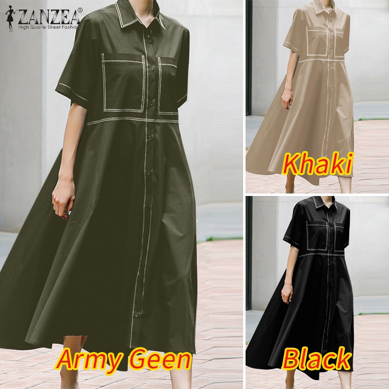 Đầm dài ZANZEA không đối xứng tay ngắn cổ bẻ cài nút thời trang cho nữ