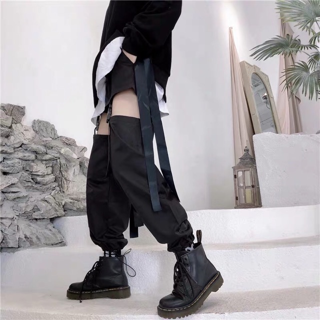 YAS0678-Set áo quần hiphop harajuku đen