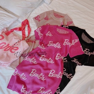  Váy đầm len body nữ cổ tròn tay cộc in chữ BARBIE chất len dệt kim 