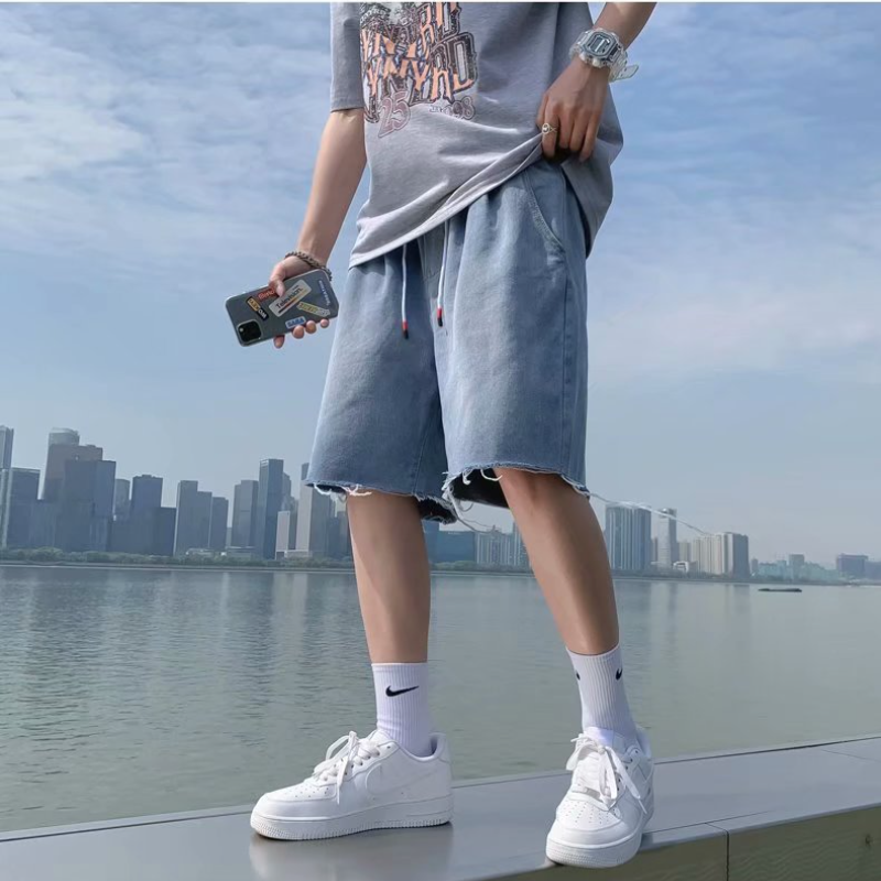 Men's New Light Blue Straight Jean Shorts Male Fashion Baggy Drawstring Jeans Unsiex