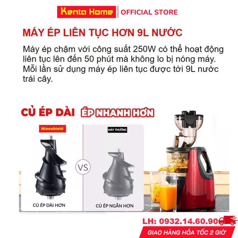 Máy ép chậm cổ rộng chính hãng Nineshield KB - F8B, Máy ép chậm trái cây hoa quả ép nguyên quả mạnh mẽ kiệt bã đến 97%