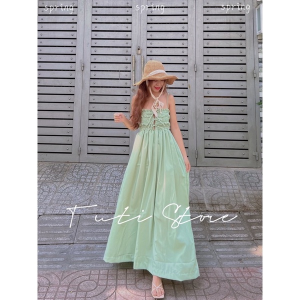 Đầm maxi nhún ngực DOLLY DRESS XANH BƠ đi biển Freesize cho nàng 45-60kg