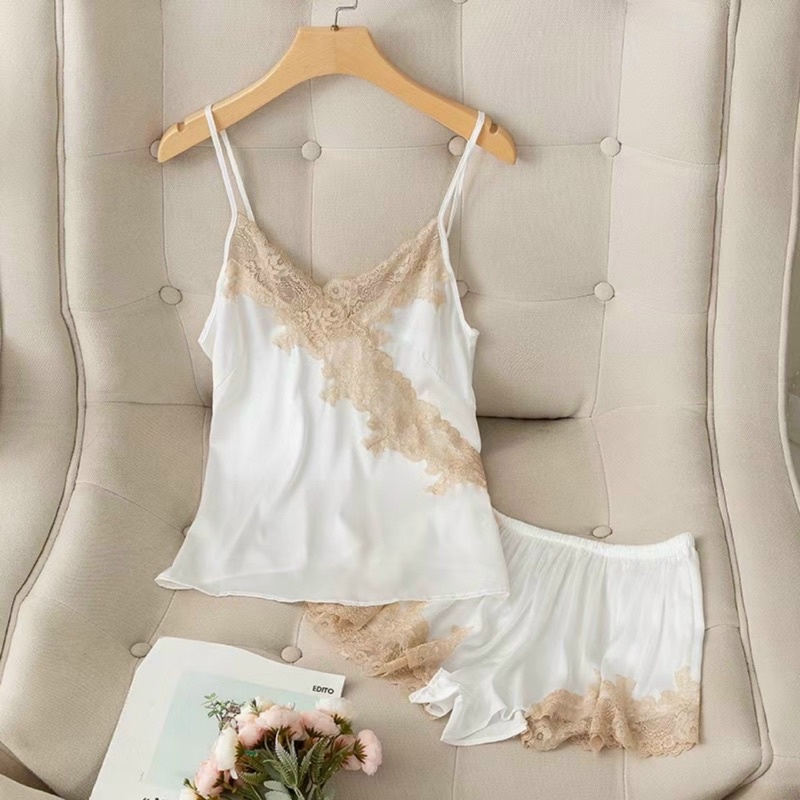 Bộ ngủ hai dây ren chéo mềm mịn cao cấp Bộ mặc nhà sang chảnh thanh lịch