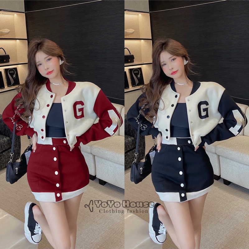Set áo bomber croptop mix chân váy ngắn ôm phong cách thể thao năng động