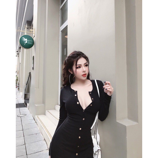 Đầm body dài tay có nút chất thun co giãn tốt đẹp xuất sắc | BigBuy360 - bigbuy360.vn