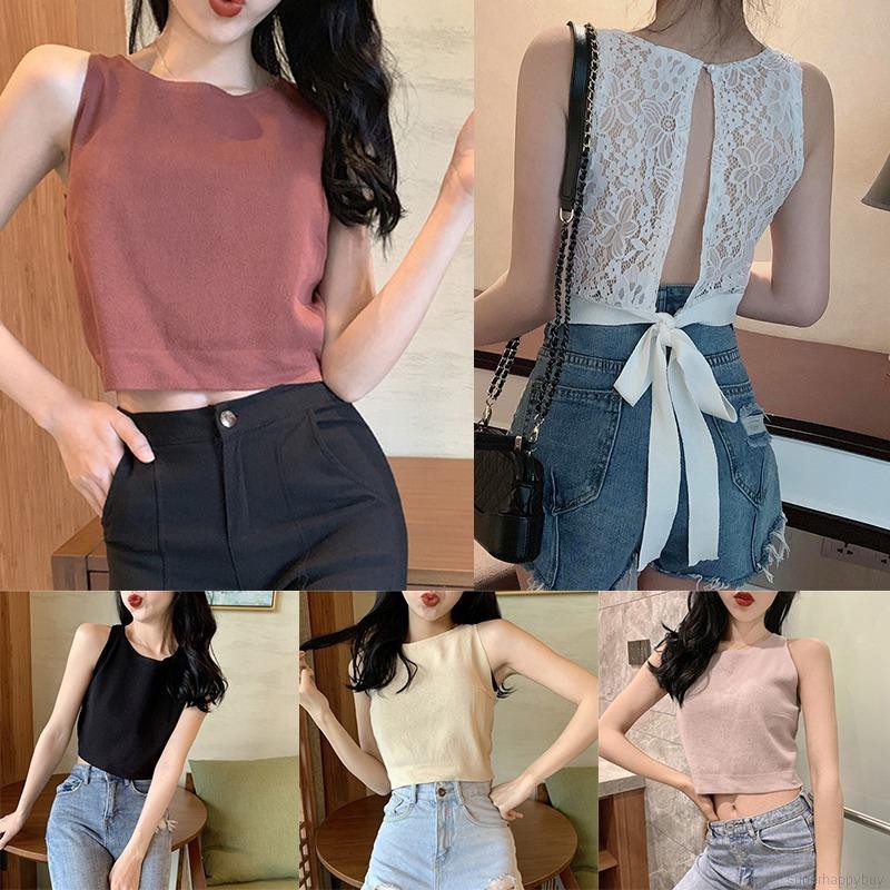 Áo thun không tay phối ren hở lưng thời trang cho nữ