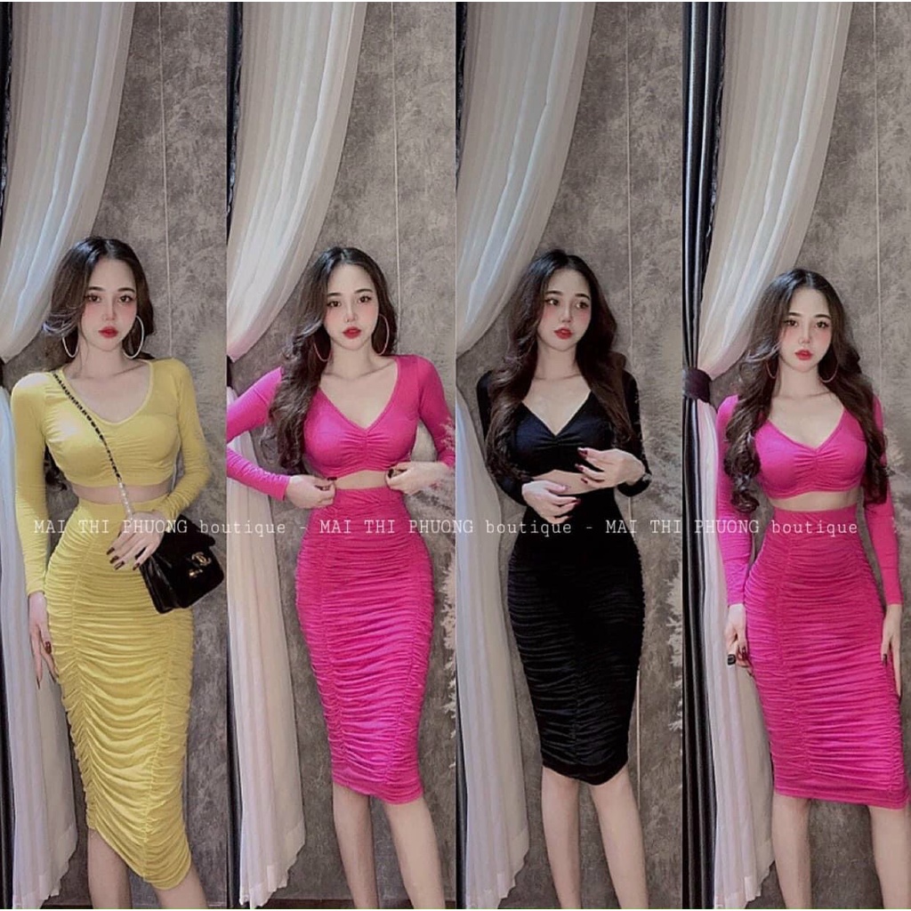 Sét bộ áo croptop tay dài nhúm ngực phối chân váy nhúm maxi cực xinh , chất thun lụa mềm mịn