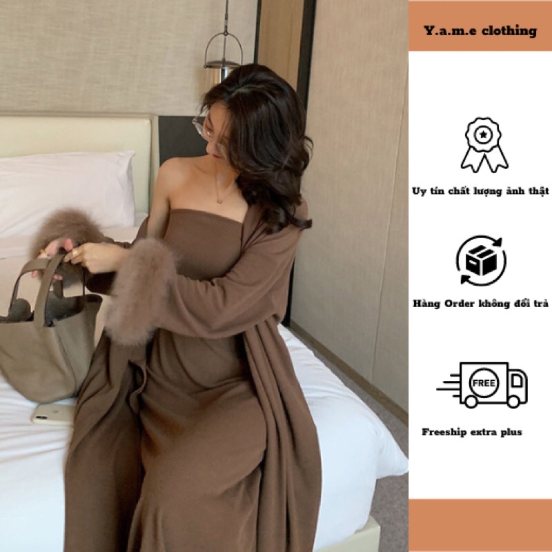 Váy xoè cúp ngực dáng dài + áo choàng dài tay cổ tay có lông hàng quảng châu loại 1