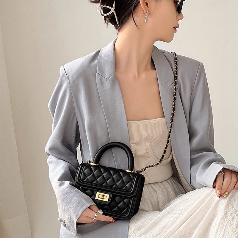 Túi đeo vai nữ IELGY bằng da PU họa tiết kim cương phối chuỗi xích thời trang