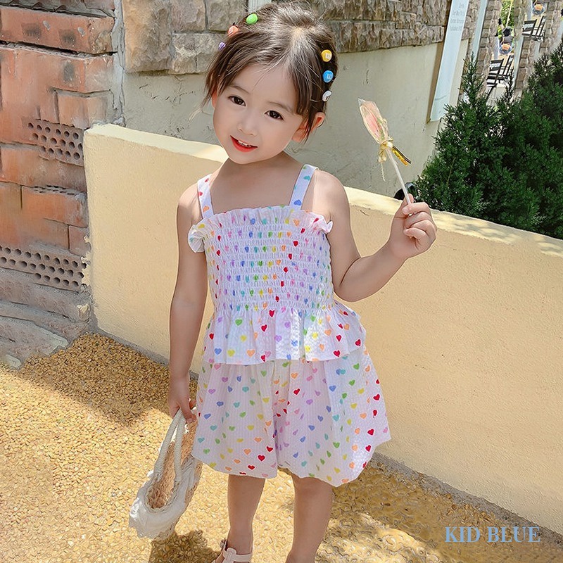 Bộ Áo Hai Dây In Họa Tiết Trái Tim + Quần Short Eo Co Giãn Phong Cách Phương Tây Dễ Thương Cho Bé Gái
