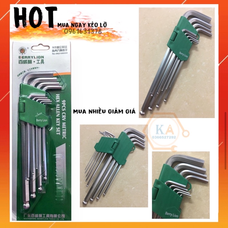 Bộ lục giác đầu bi chữ L BERYLION 9 chi tiết từ 1,5mm đến 10mm