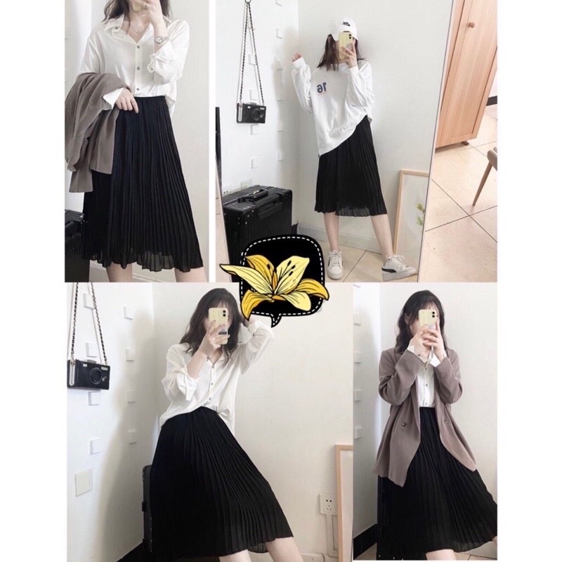 Chân váy voan dập ly dáng dài  2 màu trắng và đen. alohashop91