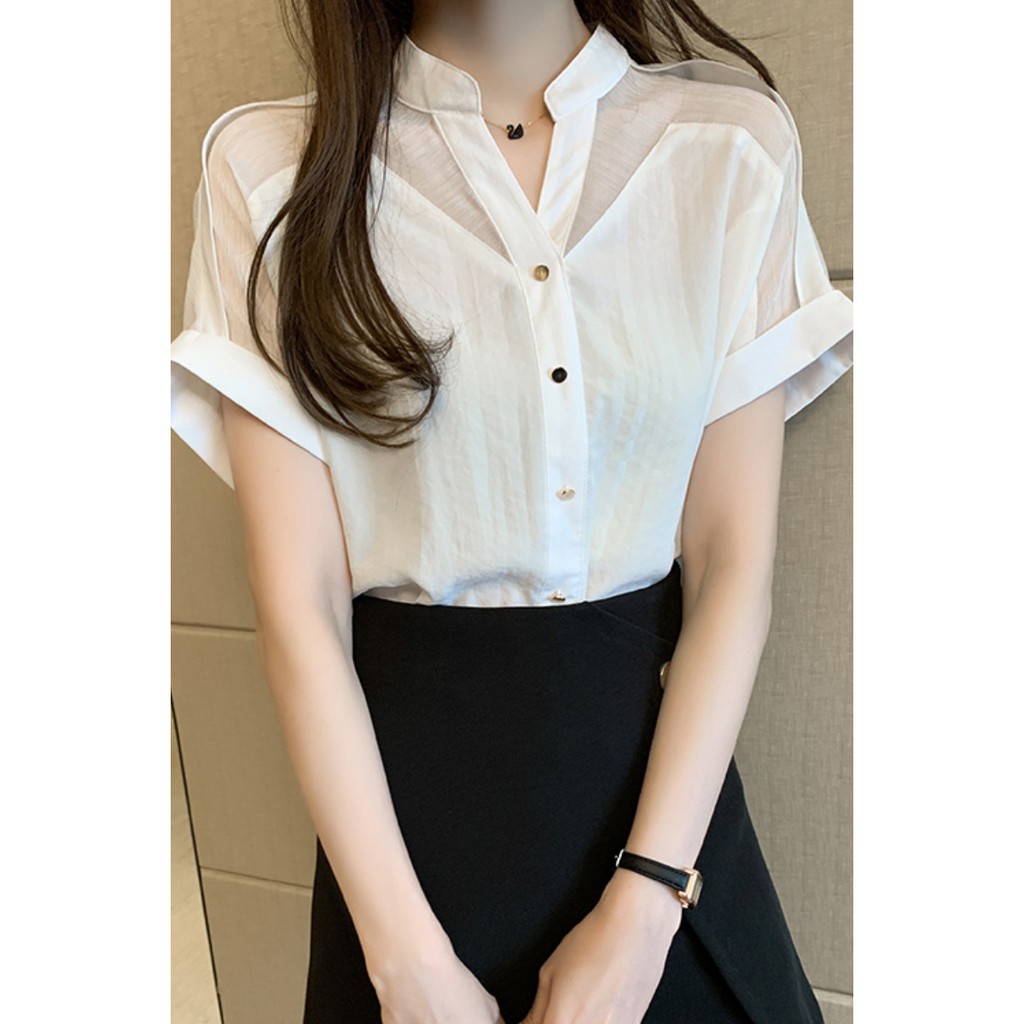 A79- Áo sơ mi voan nữ ngắn tay mẫu mới mùa hè 2021 thời trang áo blouse cổ chữ V