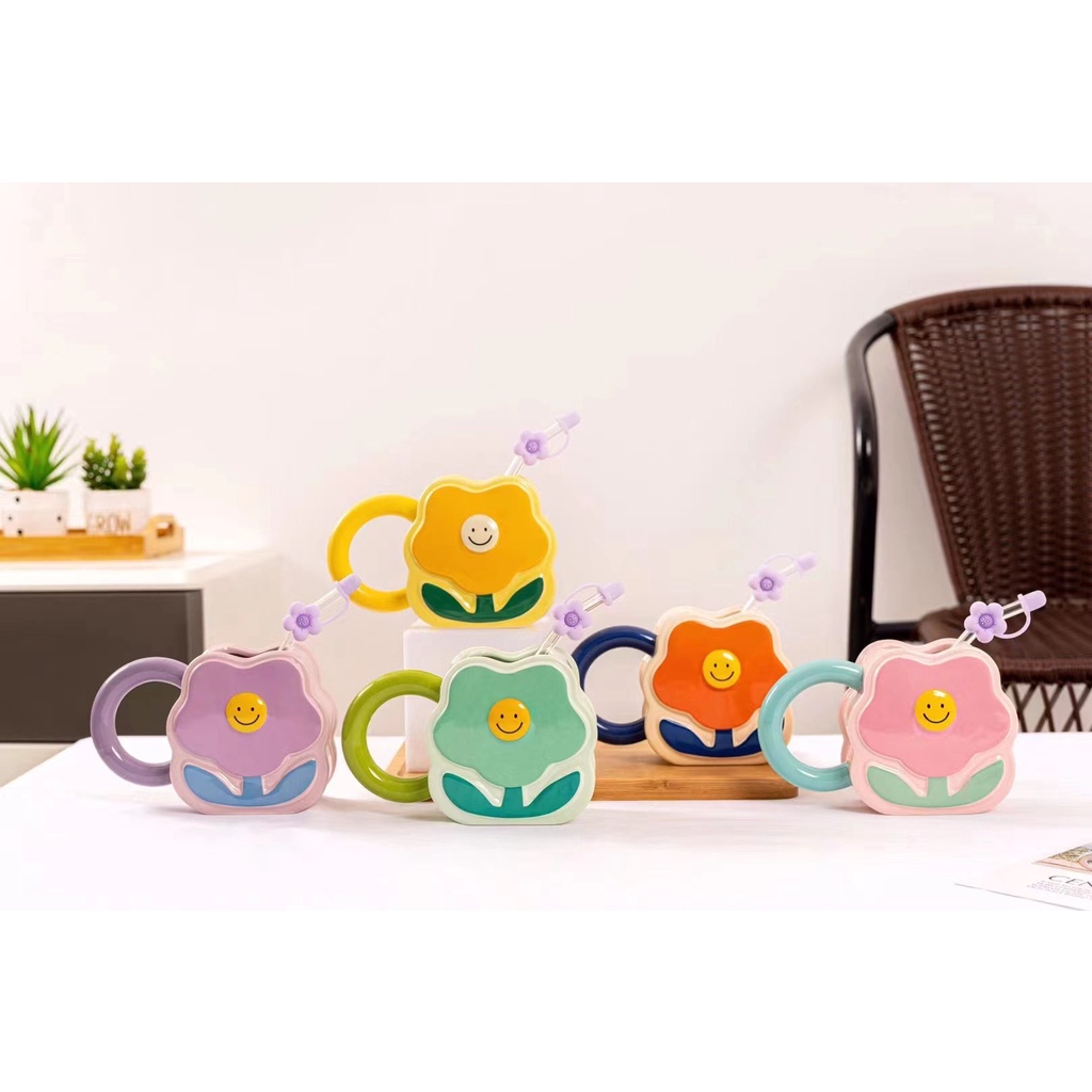 Cốc Uống Nước Bằng Gốm Sứ Cao Cấp Họa Tiết Hoa Dễ Thương