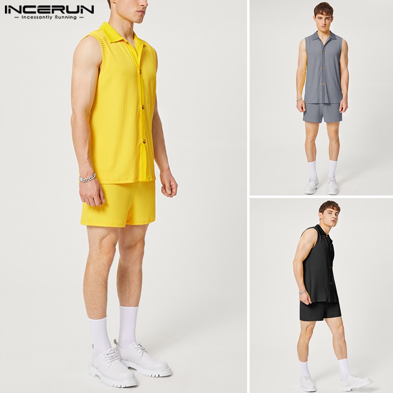 Bộ áo không tay và quần short INCERUN dệt kim màu trơn đơn giản cho nam