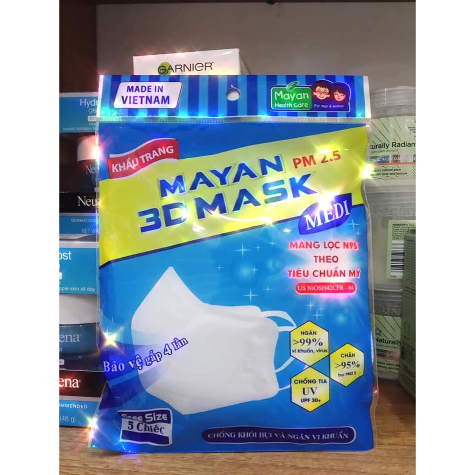 Khẩu Trang Mayan PM 2.5 3D Mask Medi Giúp Kháng Khuẩn, Màng Lọc N95 Gói 5 Cái (Giao Màu Ngẫu Nhiên)