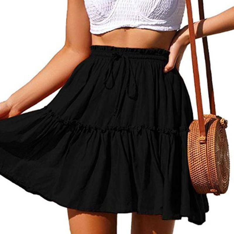 Pleated Mini Skirt Women High Waist Elastic Ruffle Summer Beach Boho