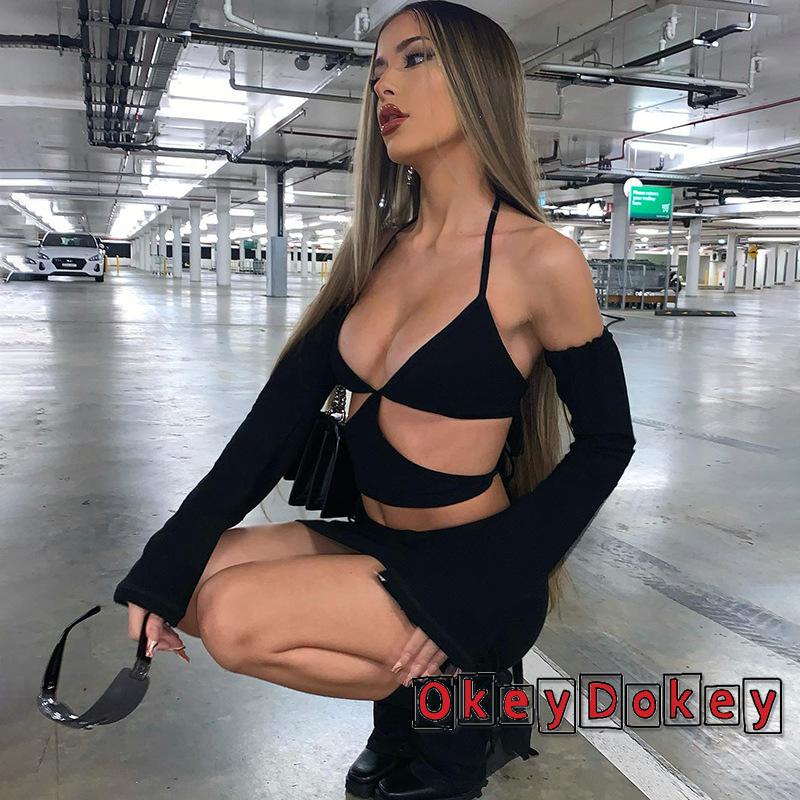 OKDK-Women Sexy Lacing Halterneck Backless Camisole with Sleeves Summer Clubwear