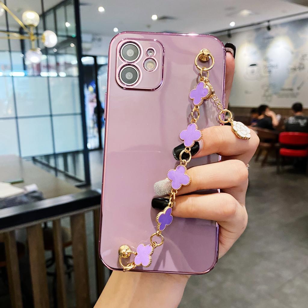Ốp điện thoại TPU mạ điện màu sắc macaron có dây đeo tay chuỗi xích thích hợp cho iPhone 13 12 11 Pro Max X XS XR Plus
