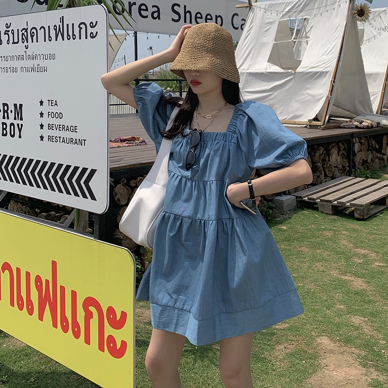  temperament over loose Pleated photo price Dress all Real Korean neck ~ square real skirt denim version | BigBuy360 - bigbuy360.vn
