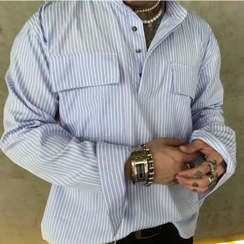 Áo Sơ Mi Tay Dài Cổ Henry Cài Nút Họa Tiết Kẻ Sọc Phong Cách Đường Phố Cổ Điển Thời Trang Mùa Hè 6 6th Dành Cho Nam Và Nữ