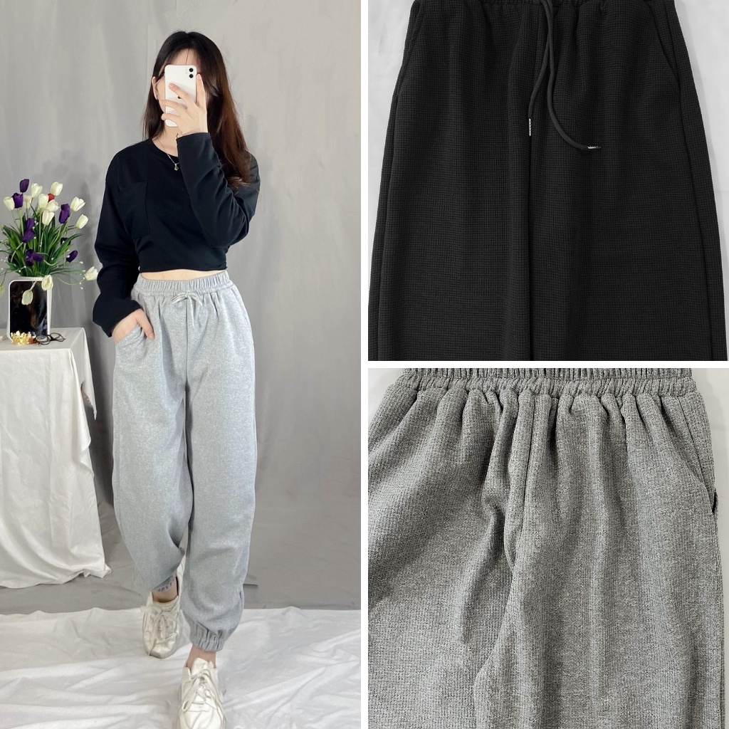 Quần jogger nữ thể thao EMIX (2 màu), unisex, dáng dài, cạp cao, lưng chun, vải nỉ tổ ong, form thụng basic