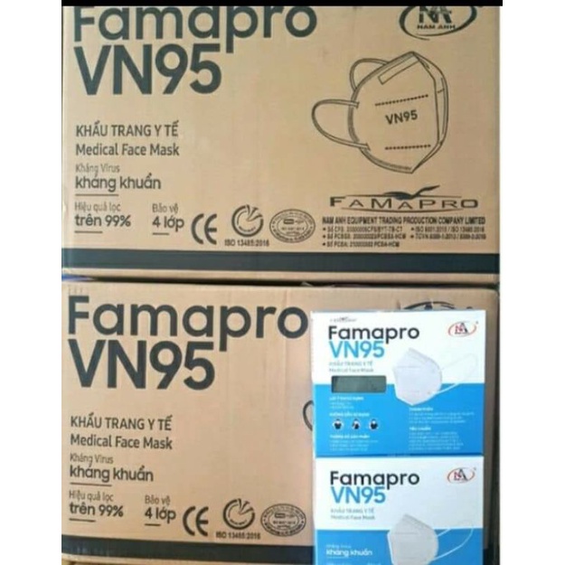 [Khẩu trang y tế Famapro VN95, Màu trắng] Combo 2 thùng, 1 thùng 500 chiếc khẩu trang y tế, 4 lớp kháng khuẩn